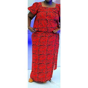 African Handmade Women 2 piece outfit wrap around skirt &Top short sleeve Red XL